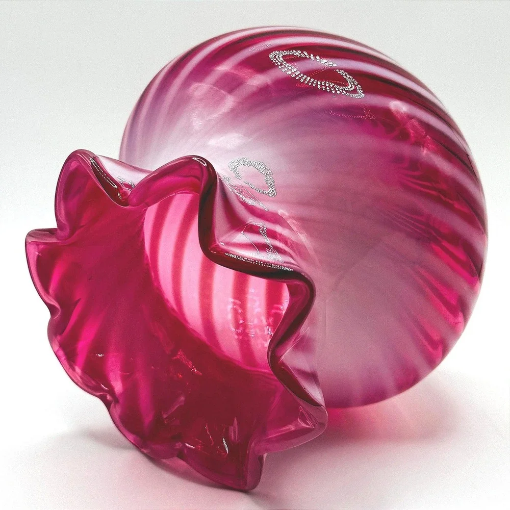 Fenton Vintage Cranberry Opalescent Swirl Art Glass Vase Ruffled Rim Hand Blown
